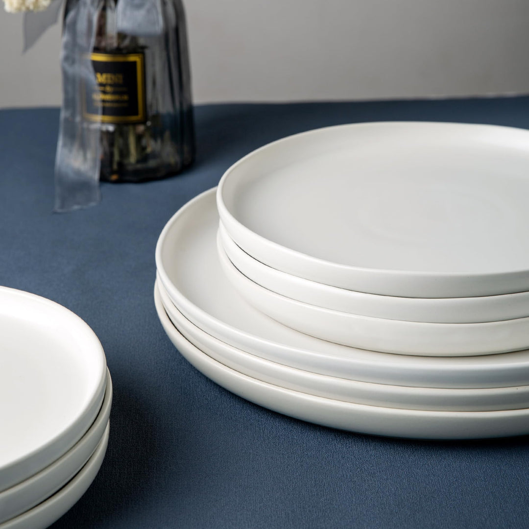 Ceramic Dinner Plates Set of 6, Wavy Rim 10.5 Inch Stoneware Dish Set, Large Dinnerware Plates for Kitchen-Microwave&amp;Dishwasher Safe, Scratch Resistant-Reactive Glaze Matte White