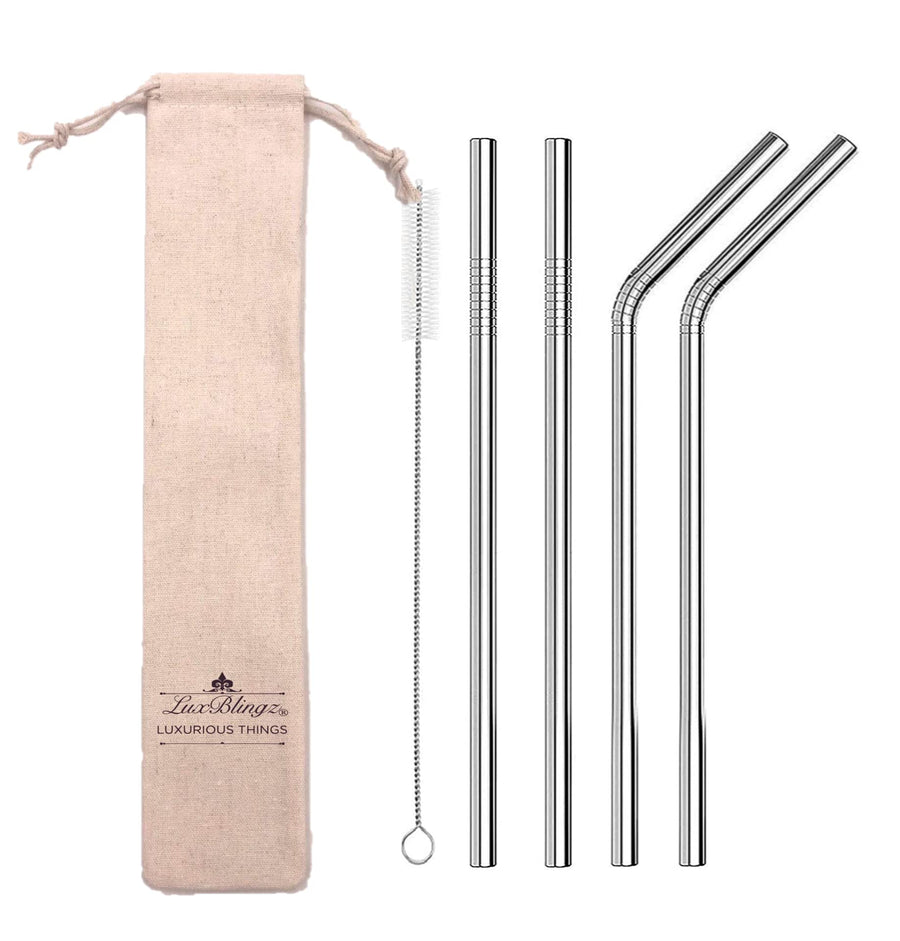 LuxBlingz Stainless Steel Reusable Metal Drinking Straws - 5PC 10.5inches Long .31 inches Thick Straw Set W/Cleaning brush, for 16-30 oz (2Straight/ 2Bent/1Brush)