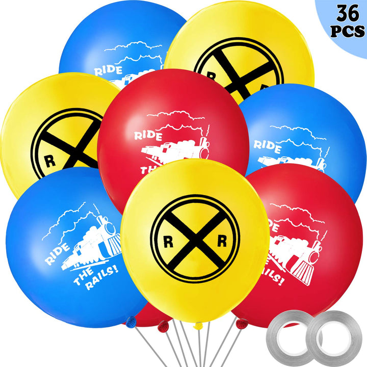 36 Pieces Train Latex Balloon Railroad Balloon and 2 Rolls Silver Ribbons for Birthday Baby Shower Engagement Party Decoration Supply