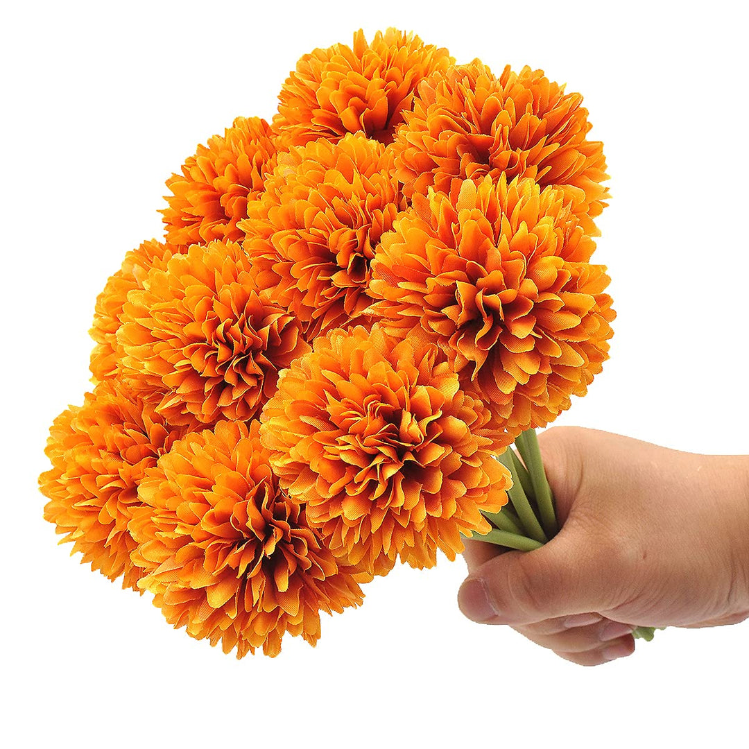 10Pcs Artificial Fake Flower Plants Silk Chrysanthemum Ball Hydrangea Arrangements Wedding Bouquets Decor Home Kitchen Garden Party Table Floral centerpieces DIY (Orange)