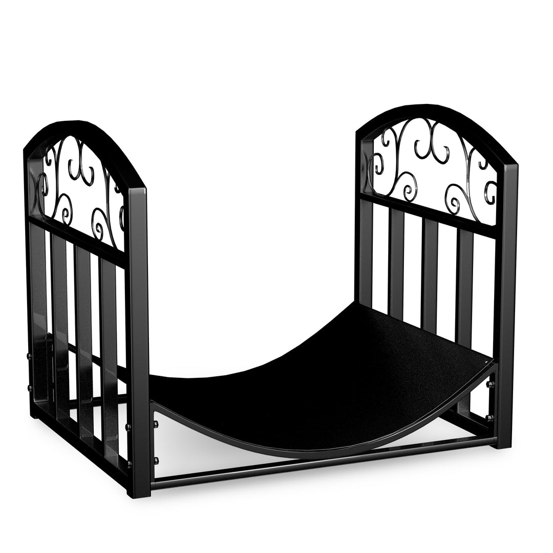 Firewood Rack Holder with Decorative Scroll Design - Outdoor and Indoor Metal Log Storage Bin for Fireplace, Firepit, and Wood Stove