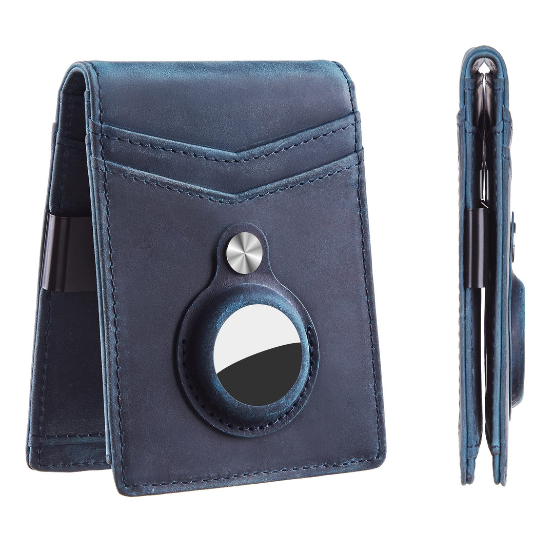 Hawanik Genuine Leather Wallet for AirTag Finder, Slim Bifold Wallet Money Clip with Built-in Holder for AirTag