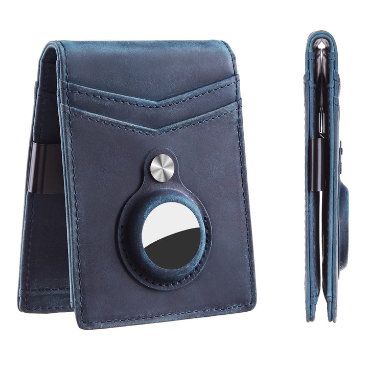 Hawanik Genuine Leather Wallet for AirTag Finder, Slim Bifold Wallet Money Clip with Built-in Holder for AirTag
