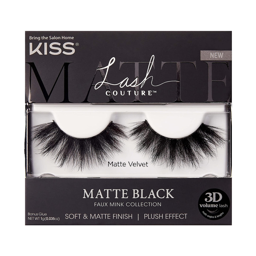 Lash Couture Matte Black Faux Mink Collection, False Eyelashes 1-Pack, Soft Real Mink Texture &amp; Matte Finish, High Impact Color, 3D Volume, Knot-Free Lash Band, Reusable, Matte Velvet, 1 Pair