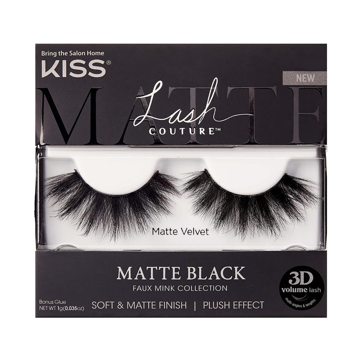 Lash Couture Matte Black Faux Mink Collection, False Eyelashes 1-Pack, Soft Real Mink Texture &amp; Matte Finish, High Impact Color, 3D Volume, Knot-Free Lash Band, Reusable, Matte Velvet, 1 Pair