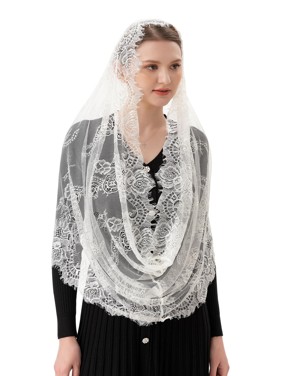 Spanish Style Lace Traditional Vintage Inspired Infinity Shape Mantilla Veil Latin Mass Head Covering (Ivory)