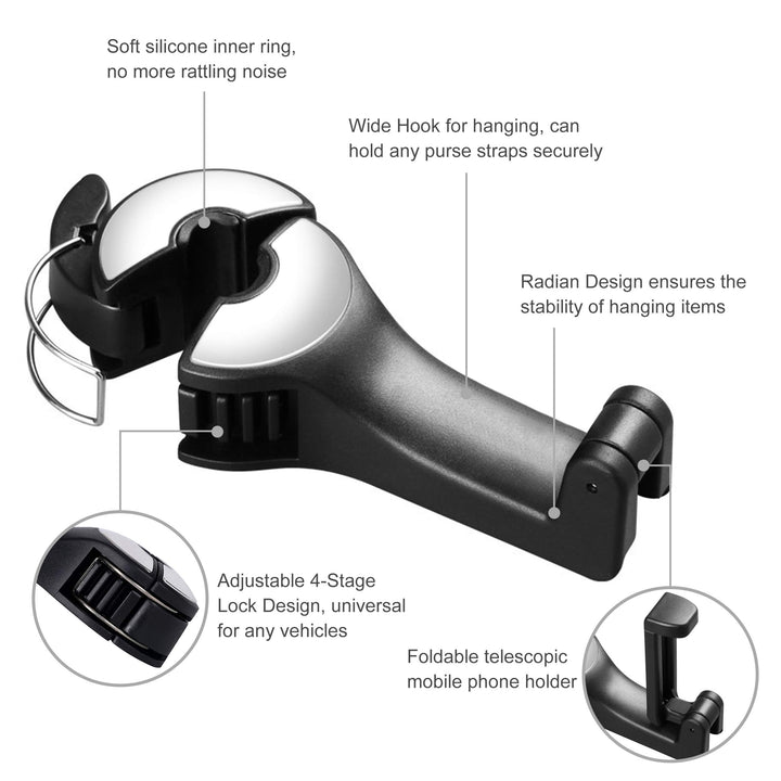 2 in 1 Car Seat Hooks for Purses and Bags with Phone Holder,Automative Headrest Purse Handbag Holder Hangers Organizers,Falling Resistance, Quietness and Universal Fit