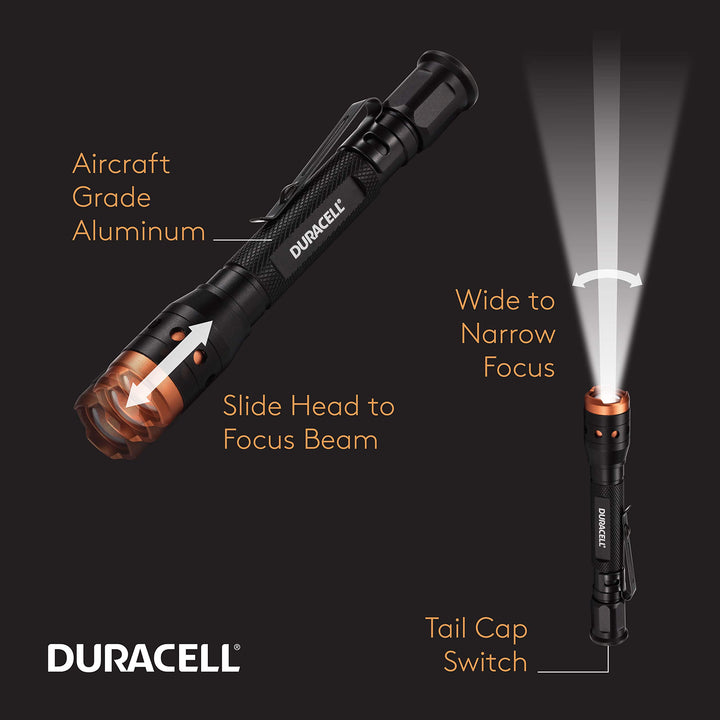 Duracell 550 Lumen Aluminum Focusing Flashlight for Everyday Use - Ultra-Light and Easy to Carry Design with 3 Modes and 3-AAA Batteries Included. Great for in-Door &amp; Out-Door Use