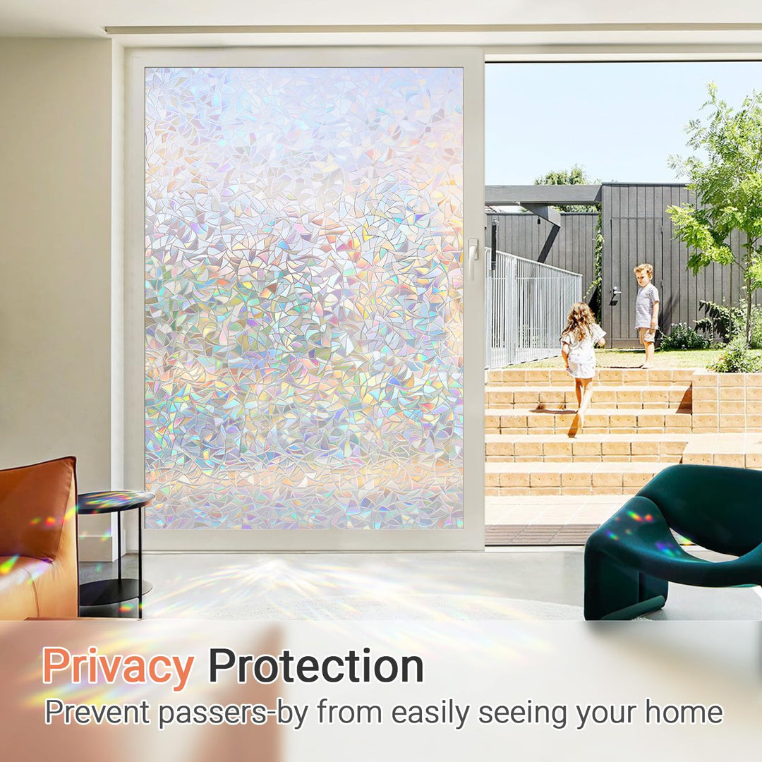Window Privacy Film, Rainbow Window Film, 3D Decorative Stained Glass Window Cling, Static Cling Non-Adhesive Removable Window Covering, Sun UV Blocking Window Decal for Home 17.5 x 118.1 inches
