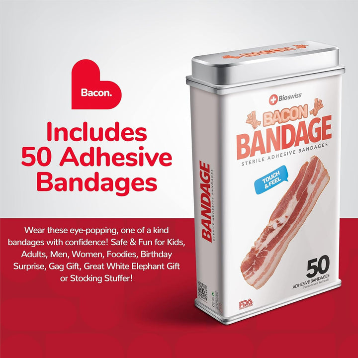 BioSwiss Novelty Bandages Collectable Tin, Self-Adhesive Funny First Aid Bandages, Novelty Gag Gift (Bacon)