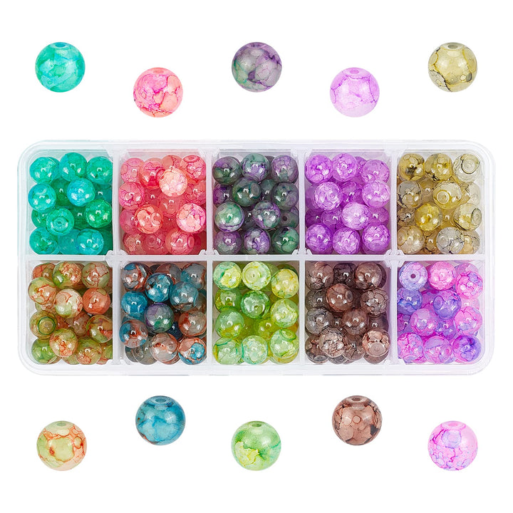 300pcs 8mm Glass Beads Baking Painted Crackle Beads 10 Color Round Glass Loose Beads Imitation Stone Spacers for Necklace Friendship Bracelet Earring Jewelry Making Christmas Ornament