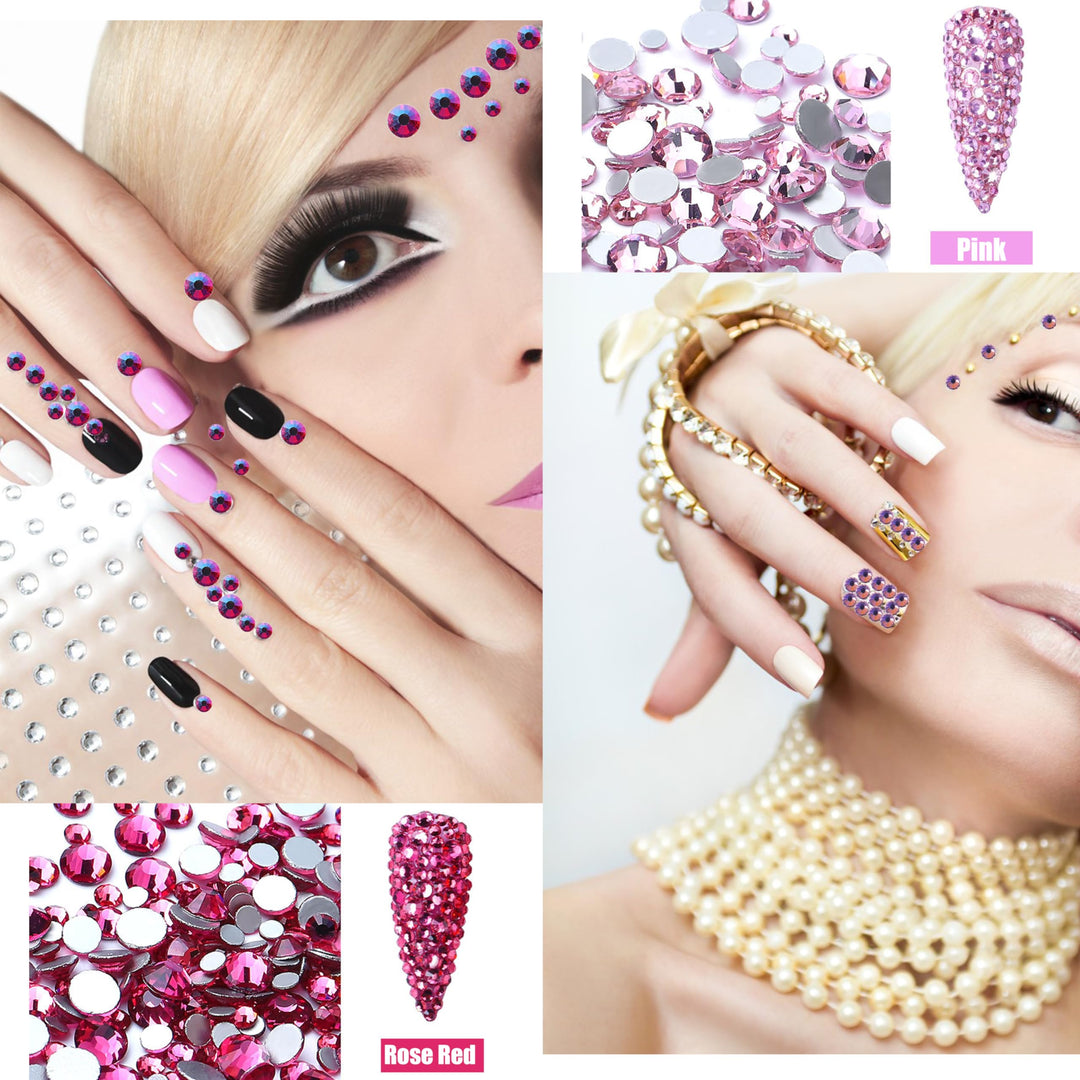 1620pcs Flat Back Rose AB Nail Rhinestones Pink Nail Rhinestones for Nails Round Beads Crystals Glass Gems Stones Multi Shapes Sizes Nail Rhinestones for Nail Face Art Clothes Shoes Bags DIY