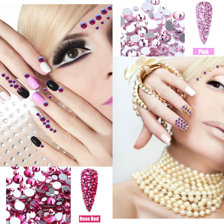 1620pcs Flat Back Rose AB Nail Rhinestones Pink Nail Rhinestones for Nails Round Beads Crystals Glass Gems Stones Multi Shapes Sizes Nail Rhinestones for Nail Face Art Clothes Shoes Bags DIY