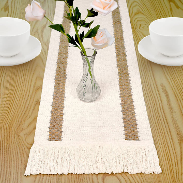 Macrame Table Runner, Cream Beige Boho Table Runner with Tassels, Hand Woven Cotton and Burlap Splicing Table Runner, Rustic Farmhouse Table Runner for Bohemian, Fall, Kitchen Dining Table