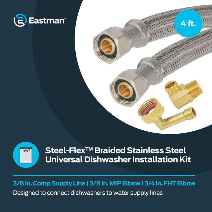 Eastman Dishwasher Installation Kit, 4 Foot Supply Line with 3/8 Inch Compression Ends, 3/8 Inch MIP Elbow and 3/4 Inch FHT Elbow, Braided Stainless Steel Dishwasher Connectors, 41037