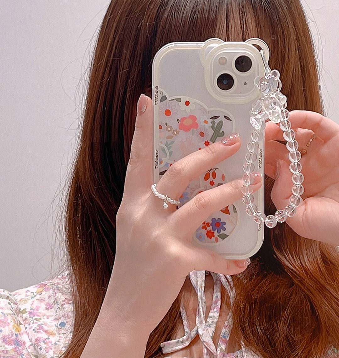 Compatible with iPhone 13 Pro Max Case, Cute Flowers Bear Camera Protector Clear Case with Lovely Strap Bracelet Chain Girls Women Case for iPhone 13 Pro Max