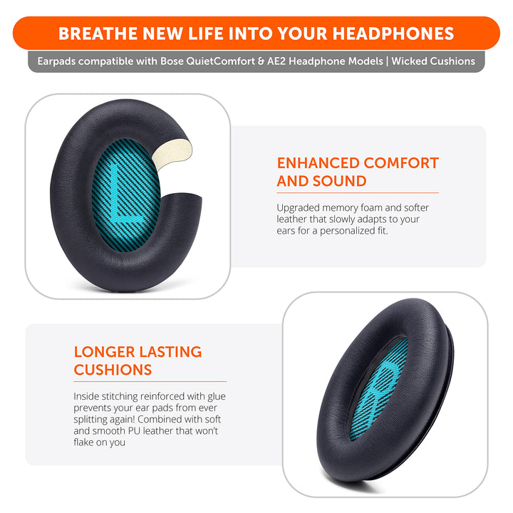 Wicked Cushions Premium Replacement Ear Pads for Bose Headphones - Compatible with QC15 / QC25 / QC35 &amp; 35 ii / QC2 / AE2 / AE2i / AE2W / Soundlink - Softer Leather, Luxury Memory Foam | Black