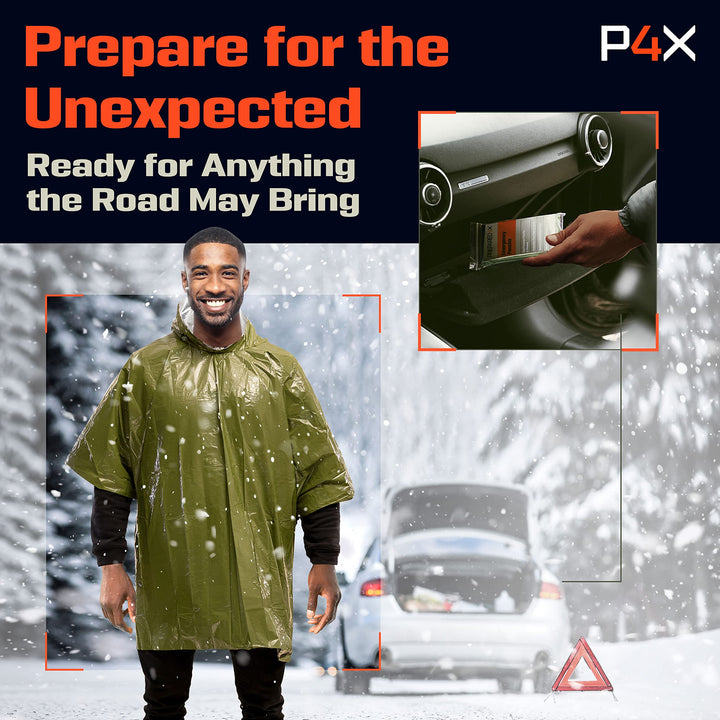 Emergency Poncho with Mylar Blanket Liner – Heavy Duty, Waterproof, Wind-Resistant Green Rain Poncho for Outdoors, Camping, and Car Emergency Kits - Thermal Poncho - 4 Pack (Green)