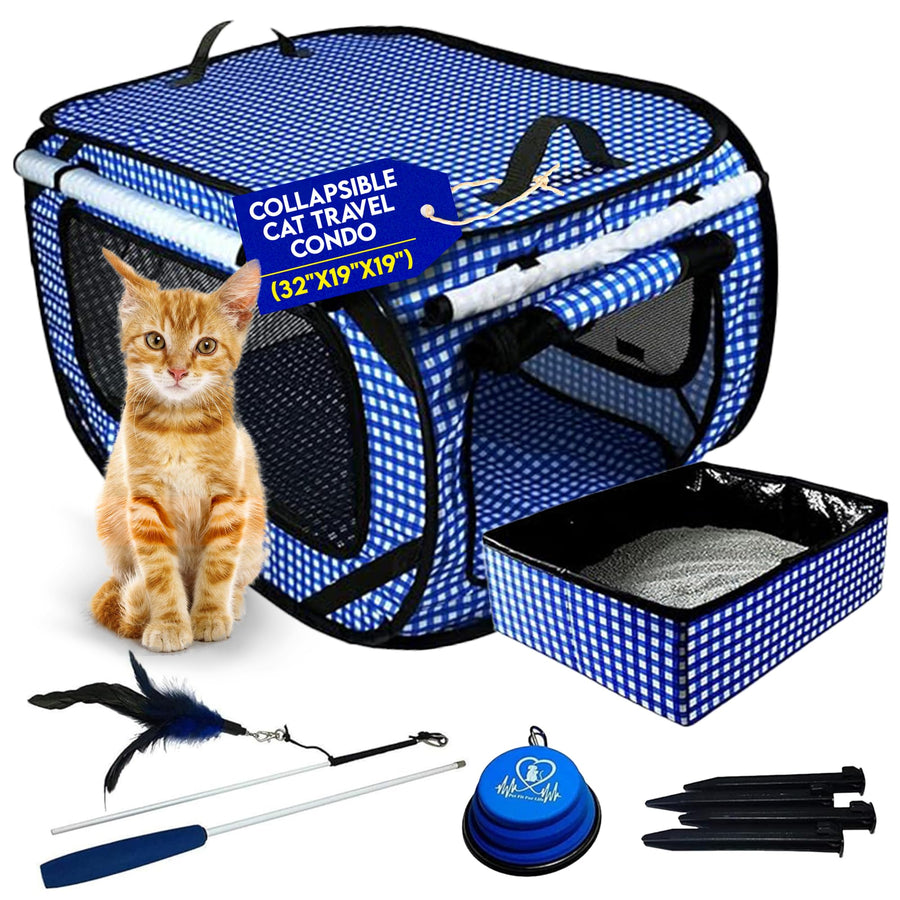 Extra Large Cat Carrier for Travel - Foldable & Portable Collapsible Kennel with Litter Box, Feather Toy & Water/Food Bowl - Ideal for Cars, Long Trips & Indoor Cats - Blue Checkers