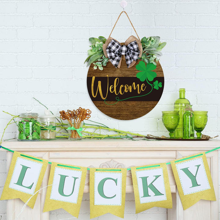 St. Patrick&#39;s Day Welcome Sign Wooden Hanging Sign Farmhouse Rustic Door Decoration St. Patrick&#39;s Day Wreath Sign with Bow Ornament for Irish Holiday Home Indoor Outdoor Farmhouse Window