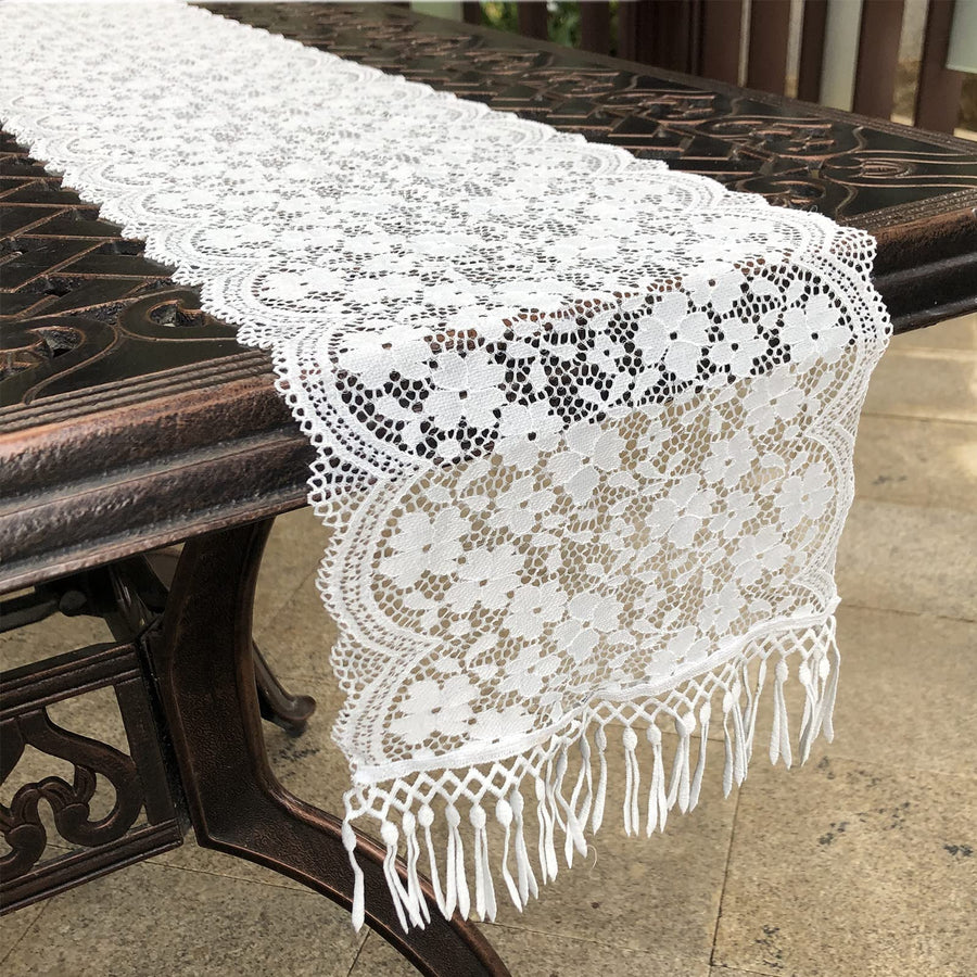 White Table Runners with Tassels for Bohemian, Dinner Rustic Table Top Bridal Shower, Wedding Table Decorations (72 inches, 5005 White)