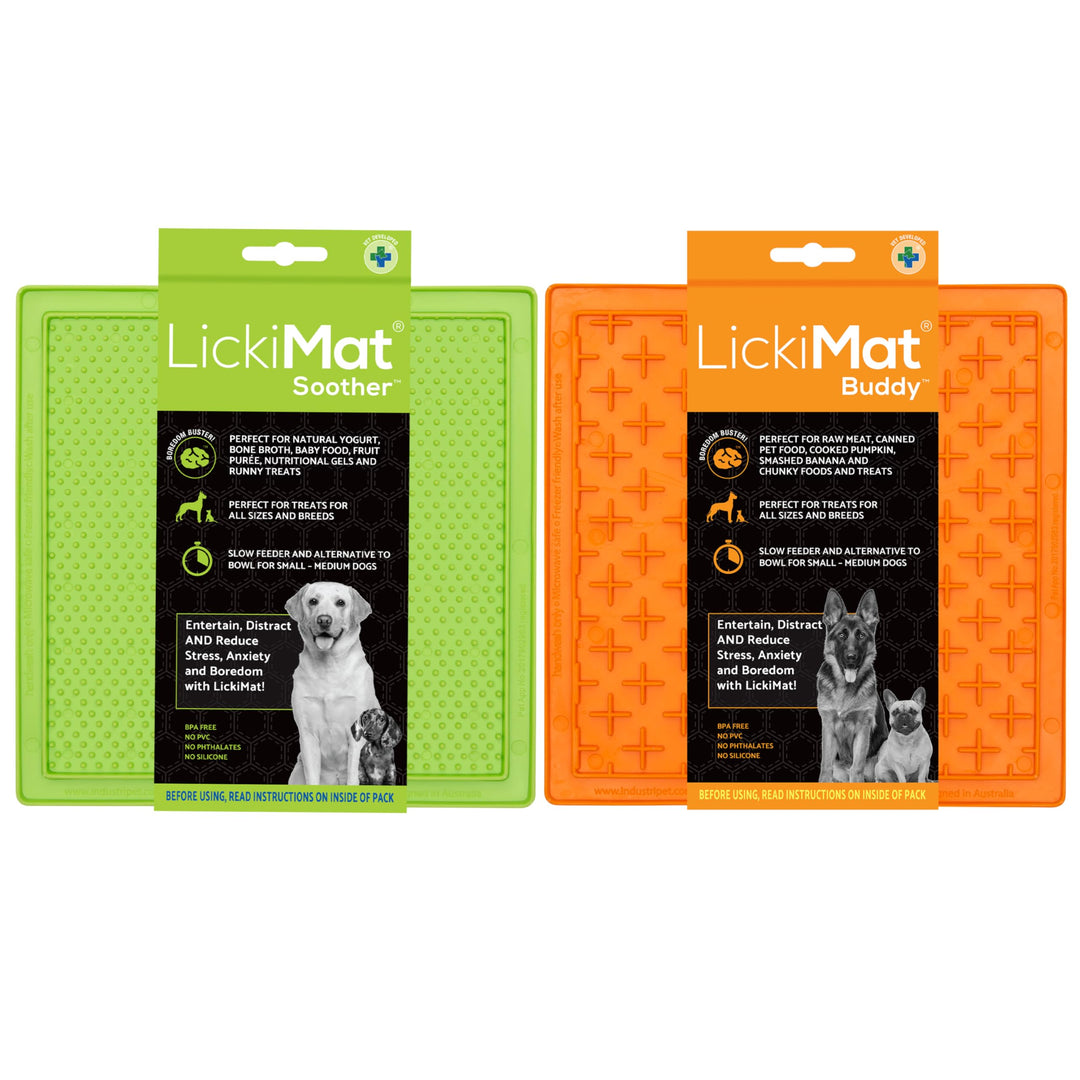 LickiMat 8X8 Pack of 2 Slow Feeder for Dogs Boredom &amp; Anxiety Reducer for Food Treats Yogurt Peanut Butter Fun Alternative to a Slow Feed Dog Bowl Classic Dog Buddy &amp; Soother (Green &amp; Orange)