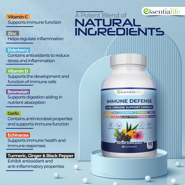 Immune Support Supplement 10 in 1 Elderberry, Echinacea, Vitamin D, Vitamin C 1000mg &amp; Zinc Supplement - Take Charge of Your Health with Immune Booster for Adults - 60 Vitamins Capsules