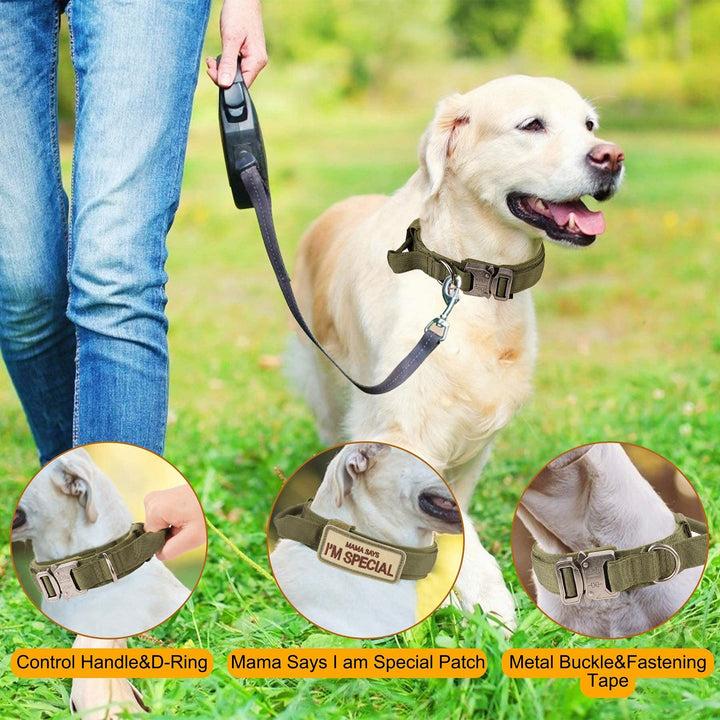 Tactical Dog Collar with Handle,Adjustable Military Dog Collar with Metal Buckle and Patches,Heavy Duty Dog Collars for Medium and Large Dogs (Militarygreen-L)