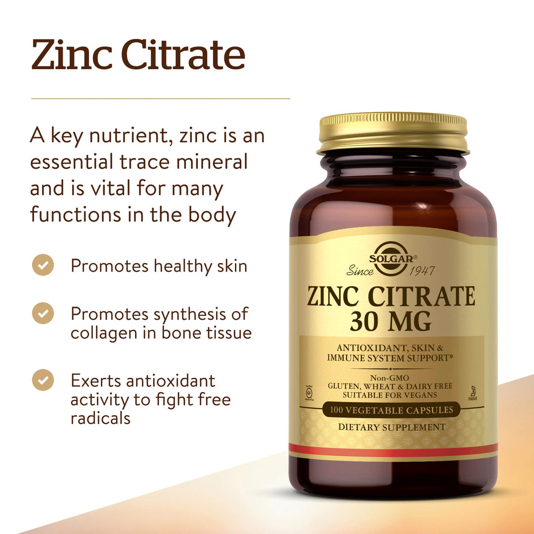 Solgar Zinc Citrate Vegetable Capsules, 100 Count, Non-