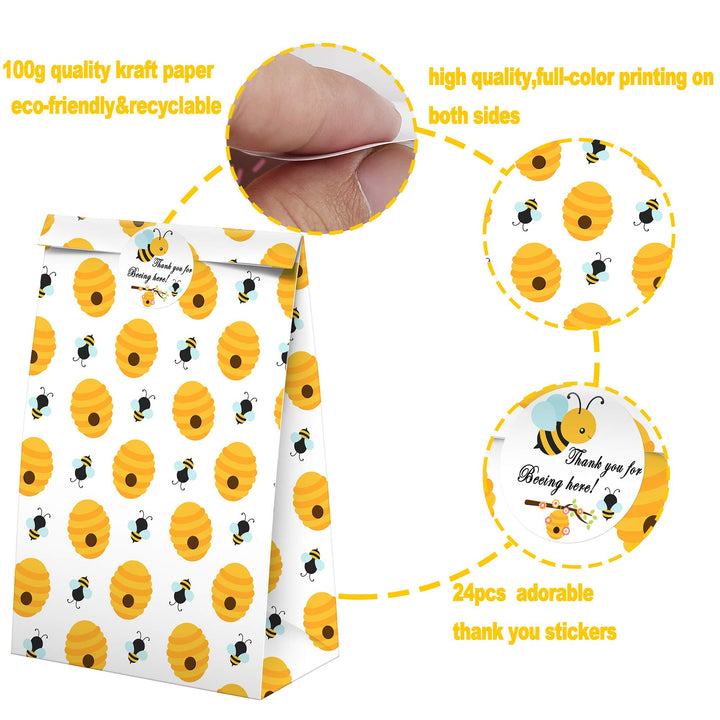 Bumble Bee Goodie Bags-24 Pcs Honey Bee Party Candy Favor Bags with Stickers, Honey Bee Goody Gift Treat Bags Bumble Bee Themed Birthday Party Supplies