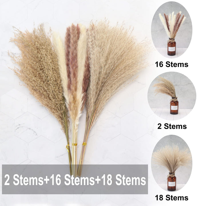 65Pcs Pampas Grass,Large Fluffy Artificial Grass Decor Tall,Non Shedding Boho Natural Dried Pompass Branches,Pampas Plants Faux Reed Flower Stems Bunch for Wedding, Brown, 17 Inch