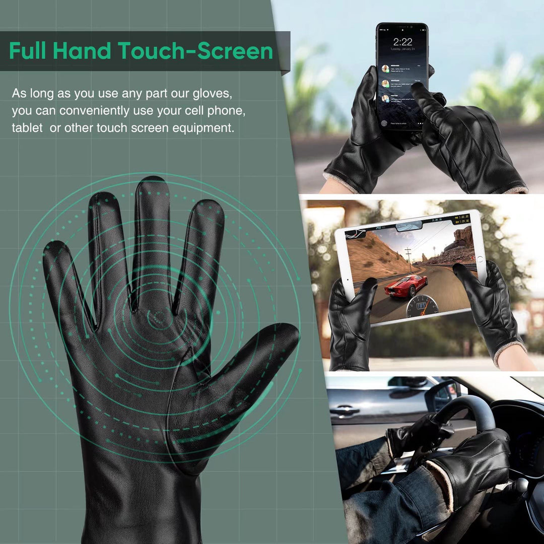 Winter PU Leather Gloves For Men, Warm Thermal Touchscreen Texting Typing Dress Driving Motorcycle Gloves With Wool Lining (Black-L)