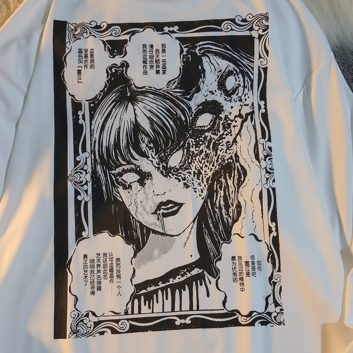 Gothic Cartoon Horror Graphic T-Shirt Women Character Print Loose Punk Japanese Pullover Top Harajuku Street Tees (White, L)