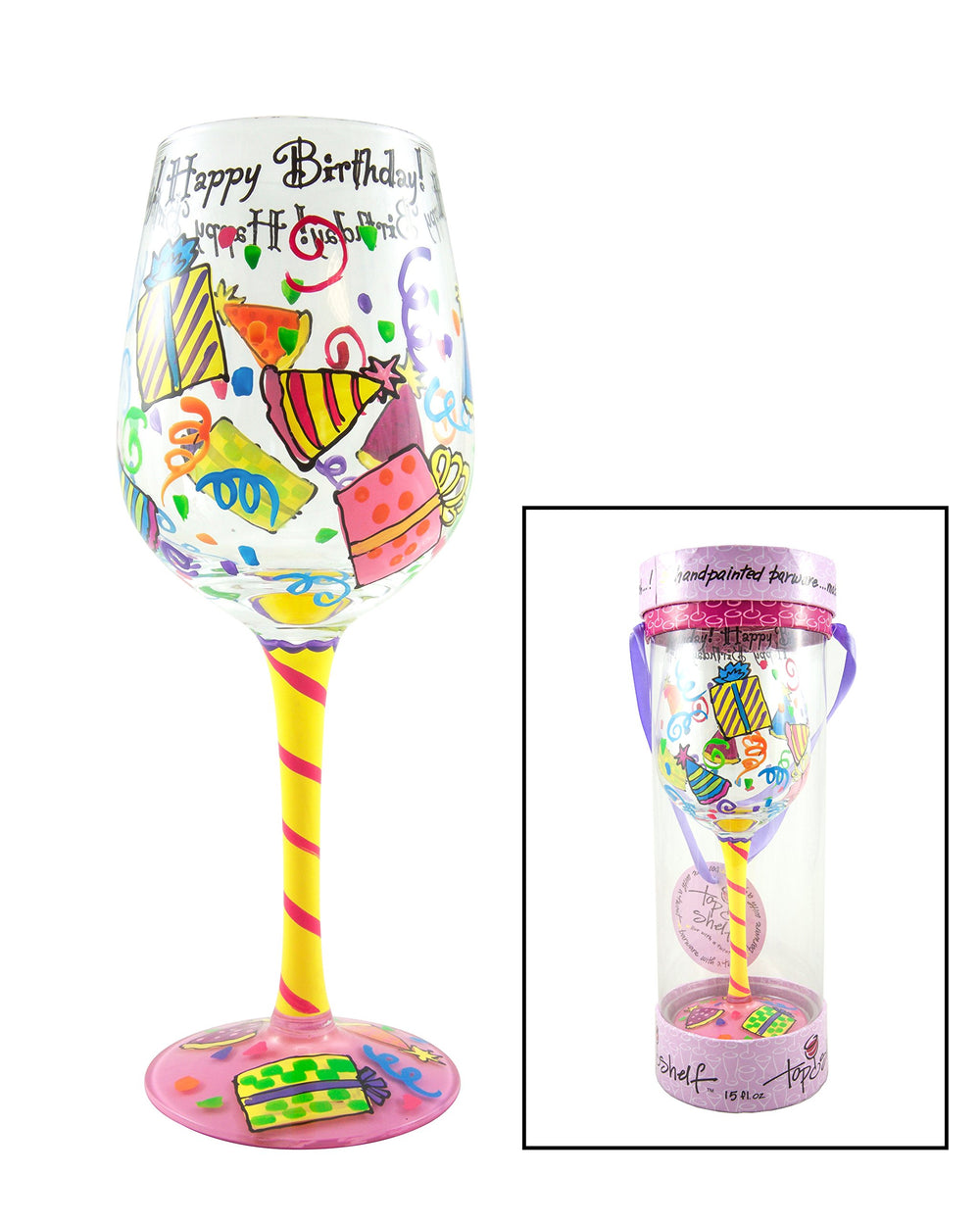 Top Shelf Happy Birthday Wine Glass - Hand Painted - Gifts for Adults
