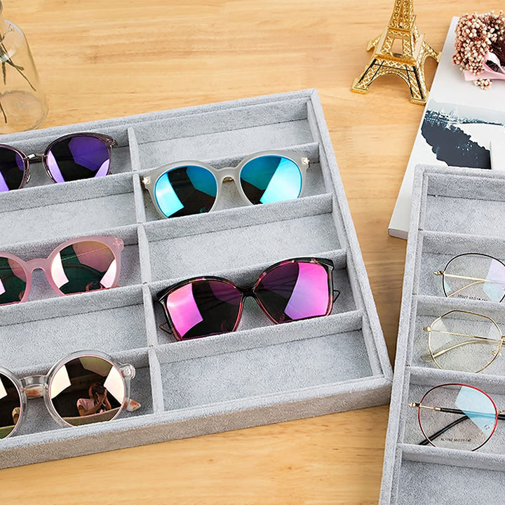 Sunglasses Organizer Tray, 8 Grids Eyeglasses Watch Holder Display Storage Case for Women Men - Gray