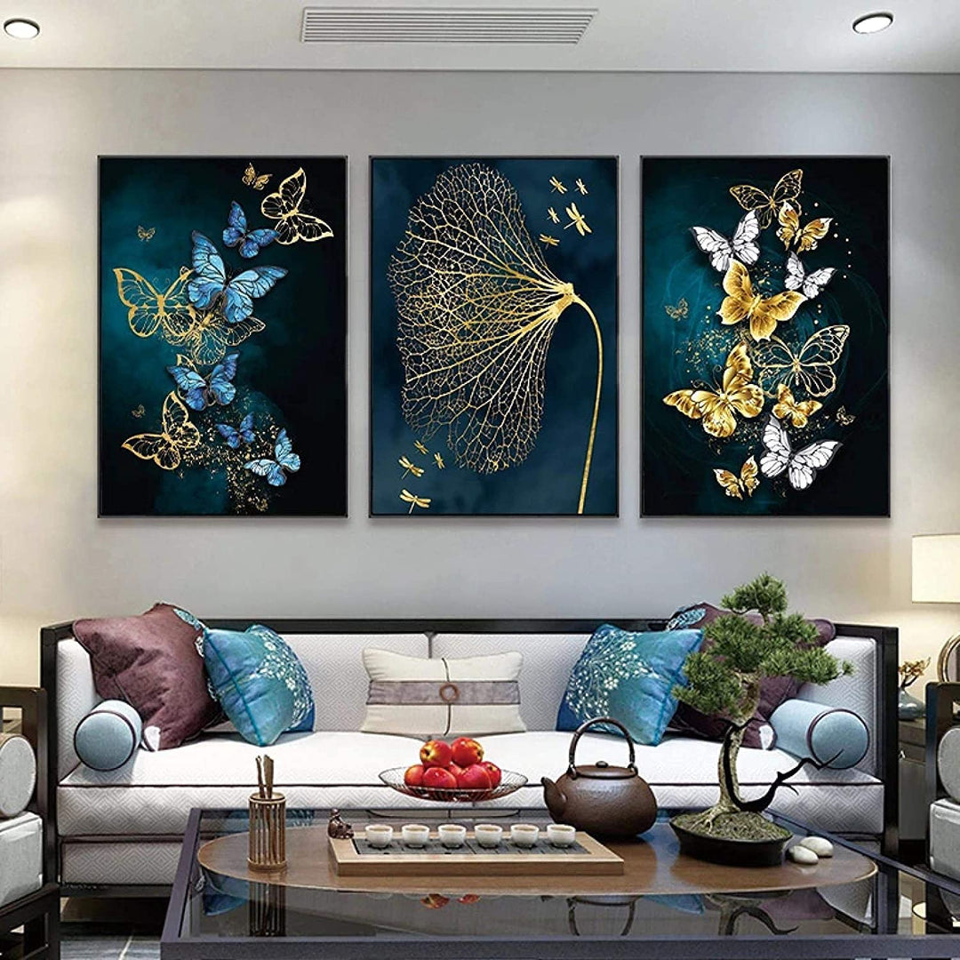 Painting On Canvas Wall art Modern Minimalist Poster Blue Gold Butterfly Mural Decoration for Living Room Home Decor No Frame (20X28inchX3 Unframed)