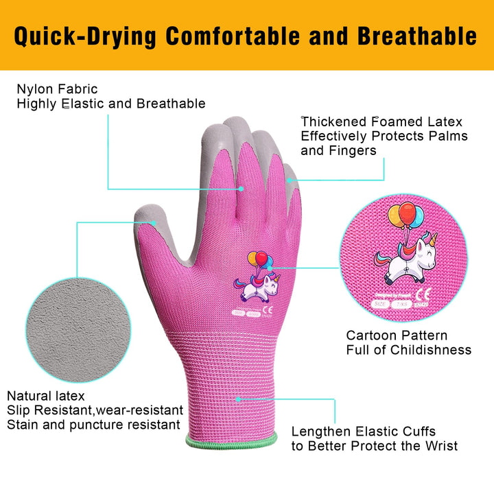 Ages 5-7 Kids Gardening Gloves,Yard Work Gloves for Toddlers, Youth, Girls, Boys, Childrens, Soft Safety Rubber Gloves (XXS Age 5-7, 2 Pairs Pink Unicorn)