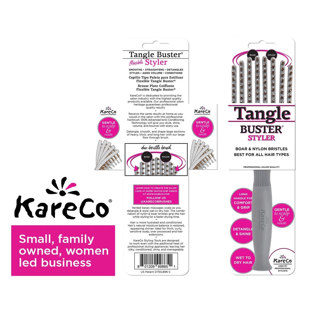 (All New) KareCo Tangle Buster Flexible Paddle Brush, Detangler & Styler for All Hair Types | Dual Nylon and Boar Bristles (9 Fingers)