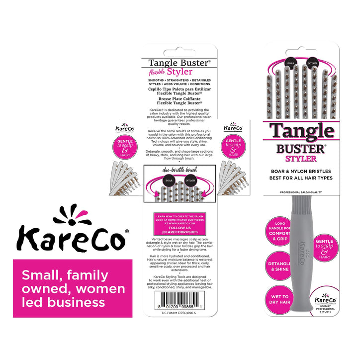 (All New) KareCo Tangle Buster Flexible Paddle Brush, Detangler & Styler for All Hair Types | Dual Nylon and Boar Bristles (9 Fingers)