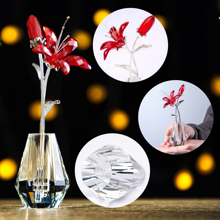 H&amp;D HYALINE &amp; DORA Crystal Calla Lily Flower Figurine Collectible Wedding Bouquets with Crystal Vase for Home Wedding Party Decor, Red Flower with Sliver Metal Stem