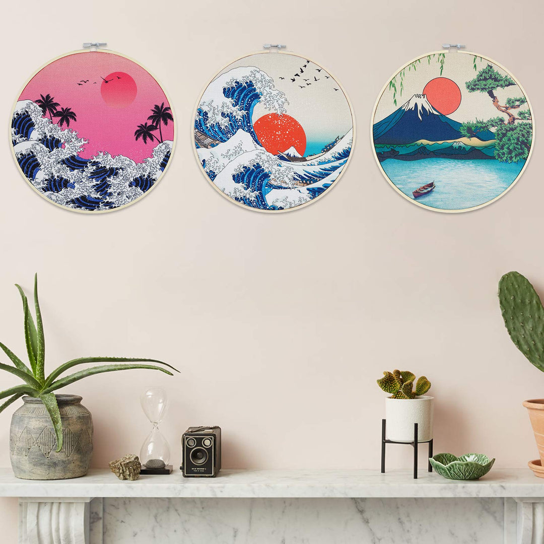 3 Pcs Japanese Wall Art Great Wave Sunset Canvas Art Prints with Frame, Sunrise Lake Landscape Nature Wall Art Painting with Hanging Roping and Nails Wall Hanging for Room(12x12 inches)