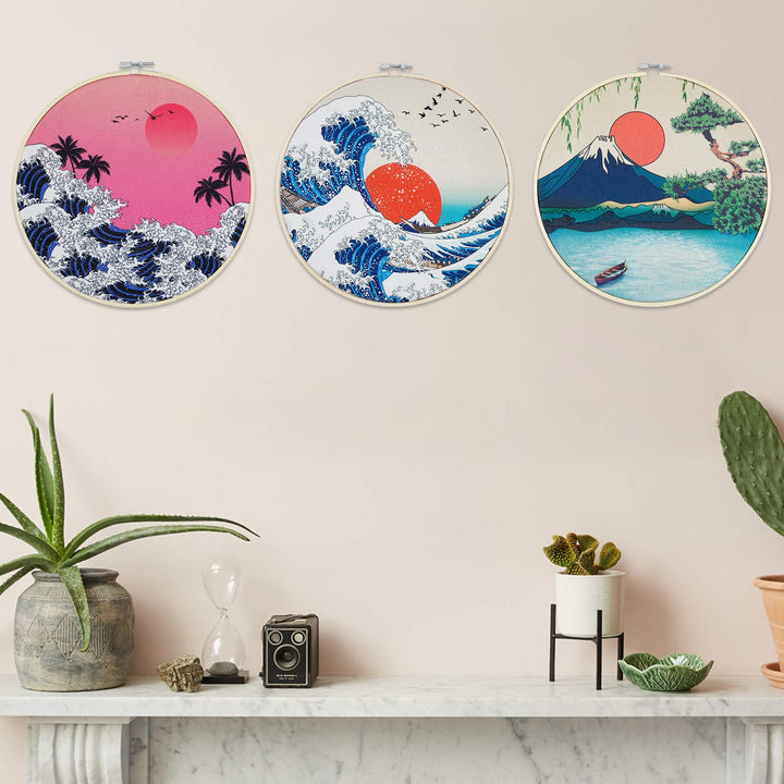 3 Pcs Japanese Wall Art Great Wave Sunset Canvas Art Prints with Frame, Sunrise Lake Landscape Nature Wall Art Painting with Hanging Roping and Nails Wall Hanging for Room(12x12 inches)
