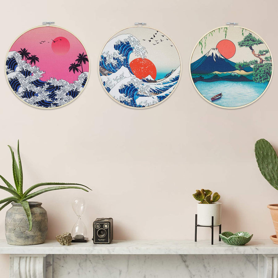 3 Pcs Japanese Wall Art Great Wave Sunset Canvas Art Prints with Frame, Sunrise Lake Landscape Nature Wall Art Painting with Hanging Roping and Nails Wall Hanging for Room(12x12 inches)