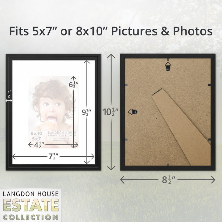 5x7 Black Picture Frame w/Removable Mat to 4x6, Modern Step-Down Molding, Tabletop Easel Included, Estate Collection