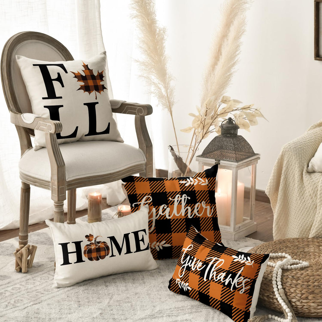 Home Fall Buffalo Check Plaid Pumpkin Maple Leaf Throw Pillow Cover, 16 x 16 Inch Autumn Give Thanks Gather Farmhouse Cushion Case for Sofa Couch Set of 4