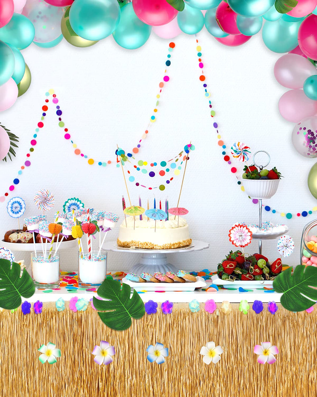 120 Pieces 12 Kinds Tropical Party Decoration Set, Include Hawaiian Table Skirt, Green Pink Balloons, Palm Leaf and Tropical Flowers for Summer Theme Baby Shower Birthday Luau Party Supplies