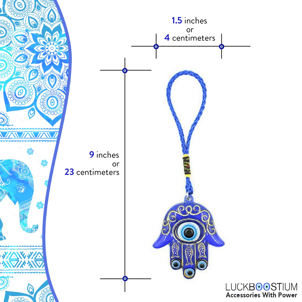 Hamsa Hand Amulet for Protection - Blue, White & Black Evil Eye Hanging Ornament - Rear View Mirror Accessories - Things to Hang in Wall, Car, Home or Office Door (Blue Rope)
