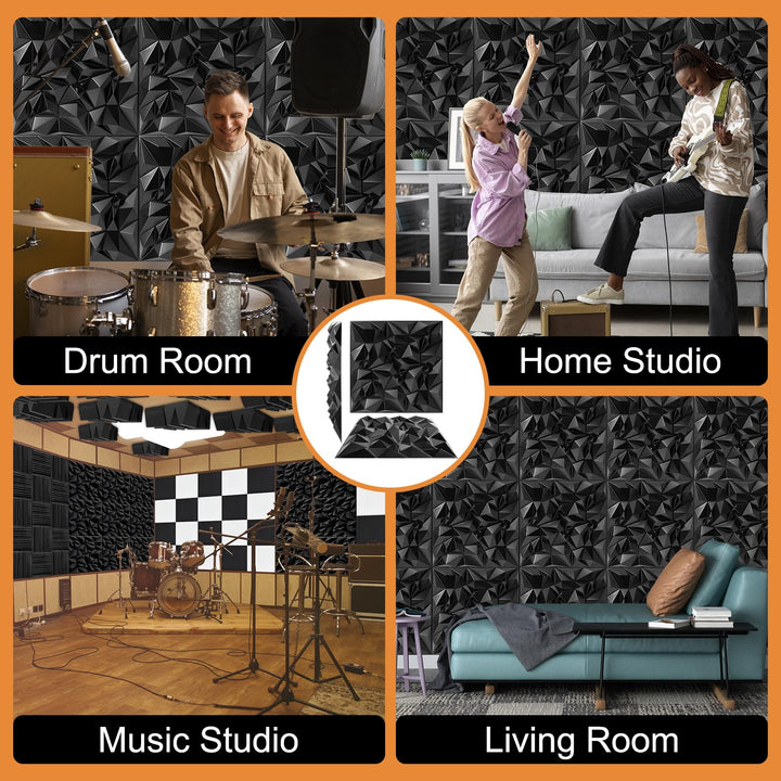 Acoustic Sound Diffuser Panels, 19.7 X 19.7 X 1 inches 12 Pcs Black PVC Plastic 3D Wall Panel, Recording Studio Acoustical Treatment Diffusion panel, Art Decorative Ceiling Tiles