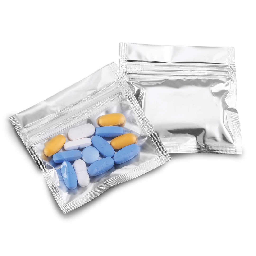 100 Pack Mylar Smell Proof Medicine Bags - Ziplock Accessory Bags with Dual Tip Permanent Marker; Pill Pack Baggies for Medicine, Jewelry, Hardware; Strong Zipper Sealed Pill Pouches (3 x 2, Silver)