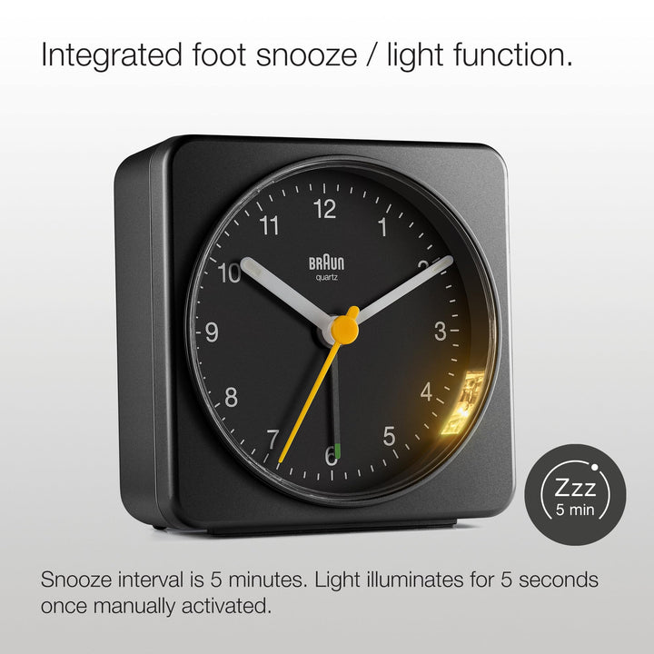 Braun Classic Analogue Alarm Clock with Snooze and Light, Quiet Quartz Sweeping Movement, Crescendo Beep Alarm in Black, Model BC03B.